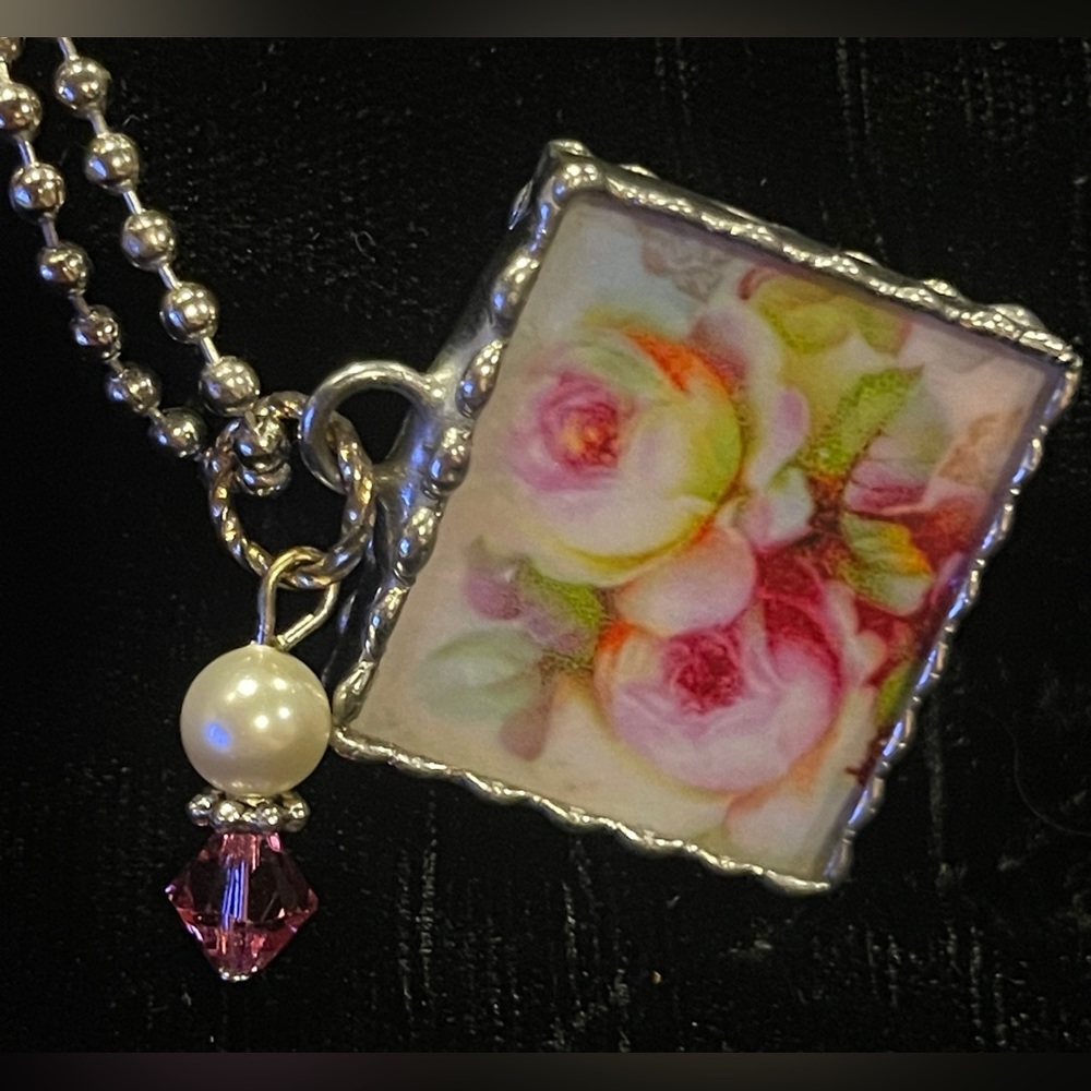 Cupids Charm, Circa 2011, Vintage art Rose Images, Pearl and Crystal Pendant